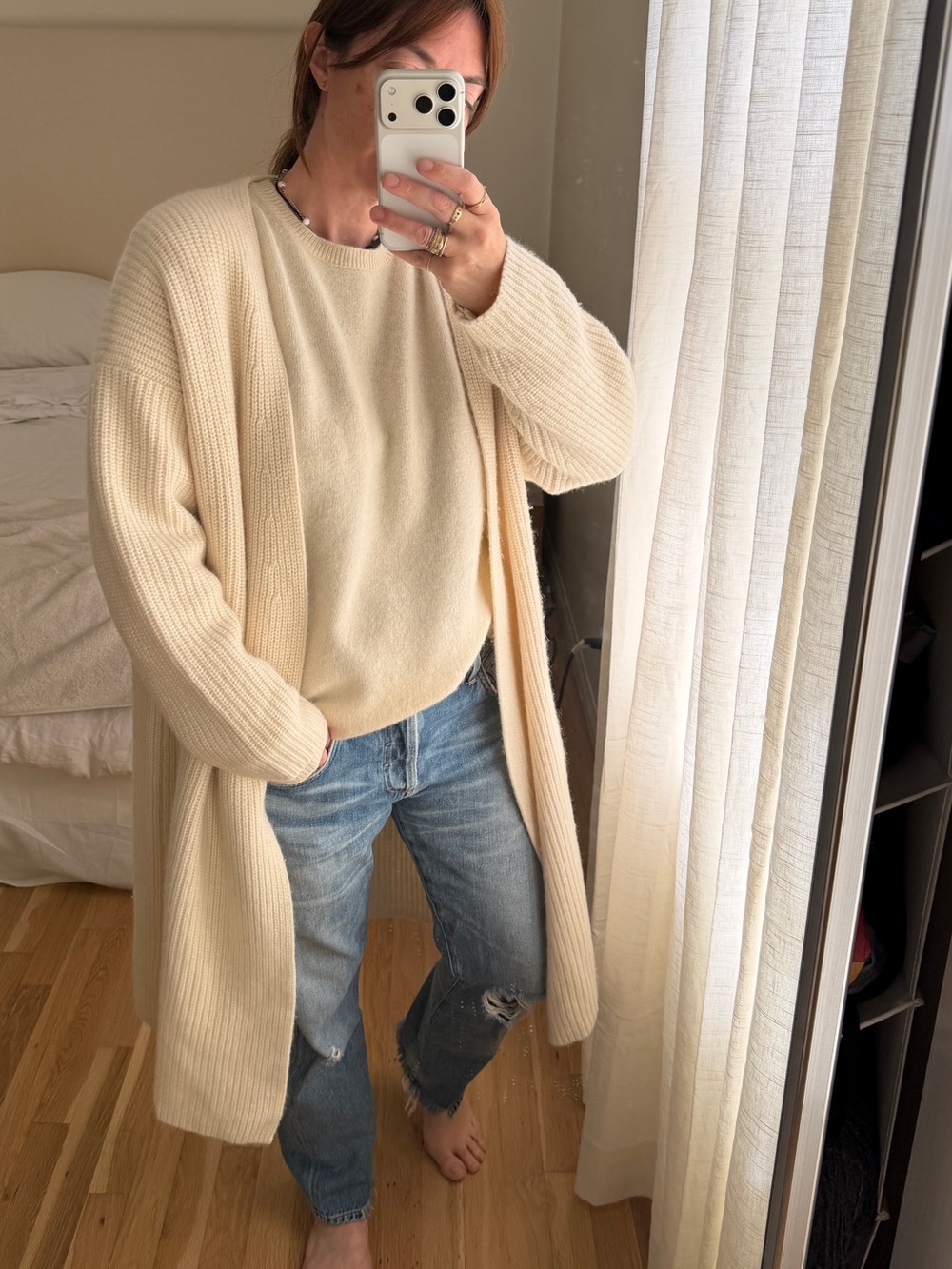 ZARA HOME 100% Cashmere Cream Long Open-Front Casual Ribbed Sweater